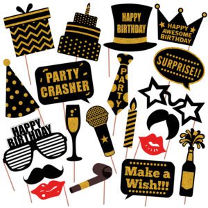 Birthday Photo Booth Props 20 Piece (Black and Gold)