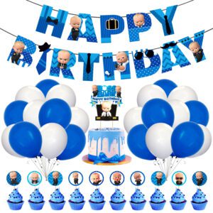 Boss Baby Birthday for Boys with Happy Birthday Banner Cake Topper Cupcake Toppers Balloons (Pack of 37)