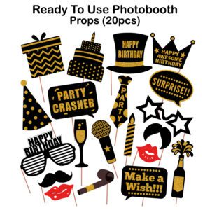 Birthday Photo Booth Props 20 Piece (Black and Gold)