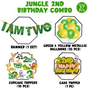 Jungle Theme 2nd Birthday Decoration I AM TWO Banner with Latex Balloons, Cake Topper and Cup Cake Topper (Pack of 37)