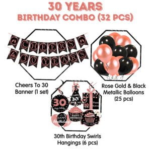 30th Birthday Decorations Cheers to 30 Years 30s Birthday Banner with Swirls and Balloon ( Pack of 32)