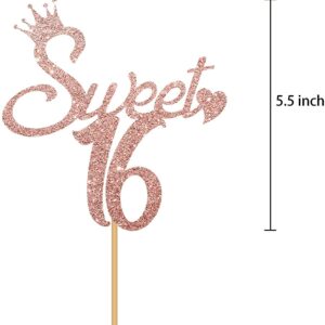 Sweet 16 Cake Toppers, Glitter Rose Gold Cake Topper 16th Birthday Decorations for Girls Pack of 1