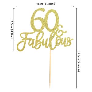 Gold Glitter 60 & Fabulous Cake Toppers 60th Birthday Cake Picks Wedding Anniversary Party Cake Decorations Supplies (PACK OF 1)