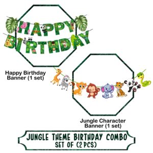 Jungle Safari Happy Birthday Decoration Kids,Animal Birthday Banner with Character Banner for Boy Birthday 1st 2nd 3rd 16th 18th 21st (Pack of 2)