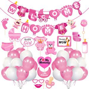 Baby Girl Welcome Home Decoration Kit Banner with Photo Booth Props and Balloon for Baby Shower Pack of 41