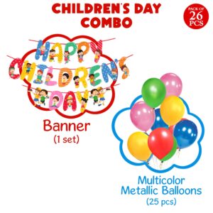 Children Day Banner with Multi Colours Balloon for Children Day Party Pack of 26