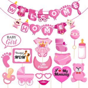 Baby Girl Welcome Home Decoration Kit Banner with Photo Booth Props for Baby Shower / Welcome Party / Birthday Party Supplies (Pack of 16)
