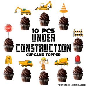 Construction Cupcake Toppers 10PCS Tractor Dump Truck Lifting Machine Safety Sign Cake Decorations Pack of 10