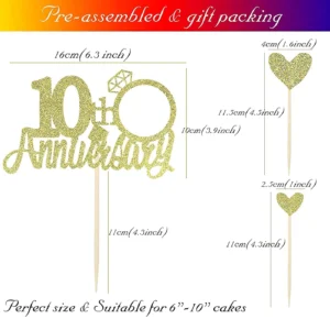 10th Anniversary Cake Topper with Diamond Ring Heart Cake Decorations Pack of 5