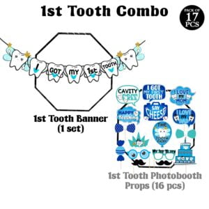 I Got My First Tooth Photo Booth Party Props 1 Set I Got My First Birthday Banner /Colour Stylish Font/First Tooth Decoration Pack of  17