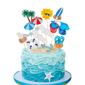 1 Set Hawaiian Beach Cake Decoration Summer Beach Chair and Umbrella Cake Toppers Green Palm Tree Cake Toppers  Pack of 13