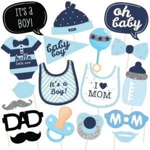 Hello Little One – Blue and Silver – Boy Baby Shower Photo Booth Props Kit Pack of 18