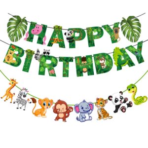 Jungle Safari Happy Birthday Decoration Kids,Animal Birthday Banner with Character Banner for Boy Birthday 1st 2nd 3rd 16th 18th 21st (Pack of 2)