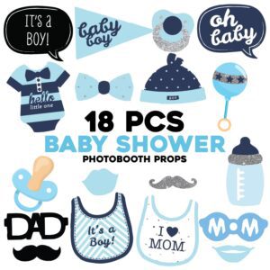 Hello Little One – Blue and Silver – Boy Baby Shower Photo Booth Props Kit Pack of 18