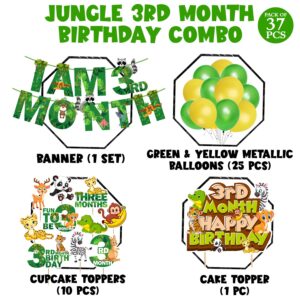 Jungle Theme 3rd Month Birthday Decoration Kids,I AM 3rd Month Birthday Banner with Latex Balloons, Cake Topper and Cup Cake Topper for Baby Boy or Girl Birthday Pack of 37