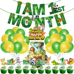 Jungle Theme 1st Month Birthday Decoration Kids,I AM 1st Month Birthday Banner with Latex Balloons Pack of 37