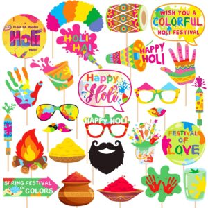 Holi Festival Photo Props Happy Spring Indian Color Festival Photo Booths, Holi Bollywood Party Supplies Pack of  27
