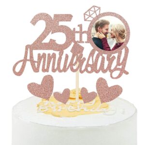 Rose Gold Glitter 25th Anniversary Cake Topper with Diamond Ring Heart Cake Decorations Pack of 5