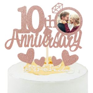 Rose Gold Glitter 10th Anniversary Cake Topper with Diamond Ring Heart Cake Decorations Pack of 5