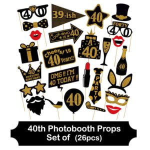 40th Birthday Party Photo Booth Props for Her Him 40th Birthday Gold and Black Decorations Pack of 26