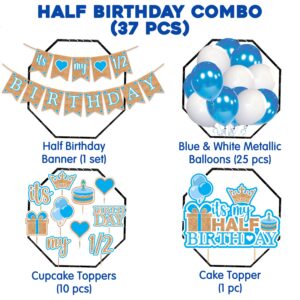 6 Months Birthday Decorations its my Half Birthday Banner 6 Month Cupcake Topper Pick 1/2 Half Year Cake Topper Balloons for Girl Boy Baby Shower Blue  Pack of 37