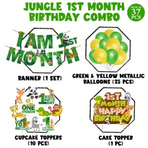 Jungle Theme 1st Month Birthday Decoration Kids,I AM 1st Month Birthday Banner with Latex Balloons Pack of 37