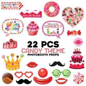 Candy Theme Photo Booth Props with Stick, Candyl Selfie Props, Candy Theme Party Supplies pack of 22