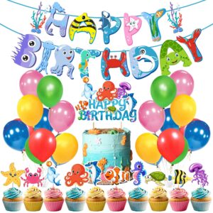 Ocean Theme Party Decoration, Under The Sea Happy Birthday Banner Balloons Cake and Cup Cake Toppers Kit Pack of 37