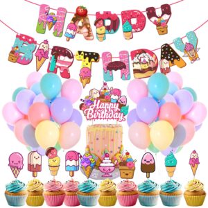 Ice Cream Party Favor Decorations,Ice Cream Happy Birthday Banner,Cake Topper,Cupcake Topper and Pastel Balloons Pack of 37