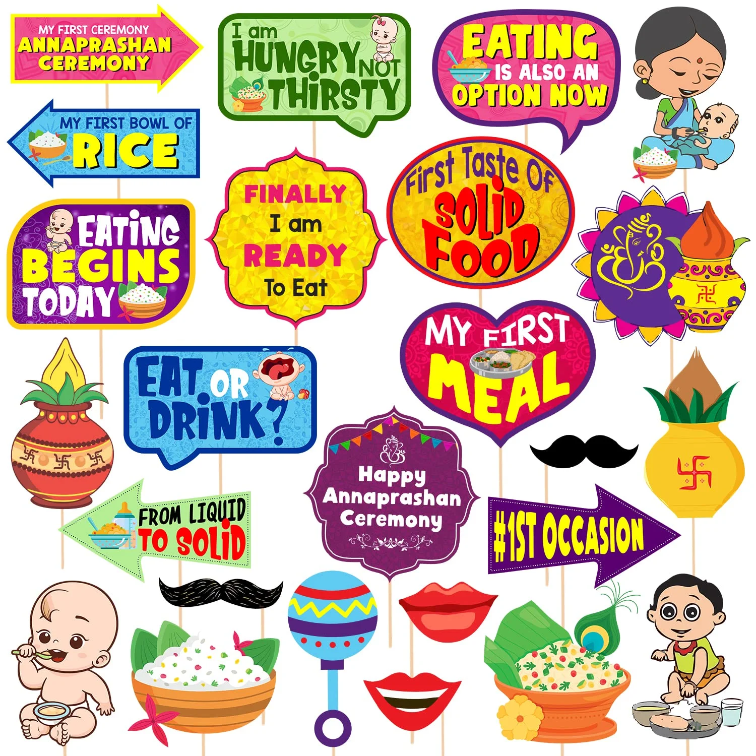 Annaprasanam Photo Booth Props / Annaprashan Decoration Items / Rice Ceremony Decorations Items Pack of 25