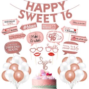 Sweet 16 Birthday Decorations with Photo Booth Backdrop and Pre-assembled Props – 16th Birthday Party Supplies, Rose Gold Sweet 16 Decorations Pack of 43