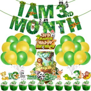 Jungle Theme 3rd Month Birthday Decoration Kids,I AM 3rd Month Birthday Banner with Latex Balloons, Cake Topper and Cup Cake Topper for Baby Boy or Girl Birthday Pack of 37