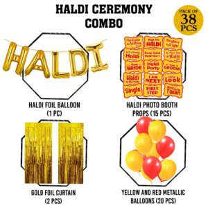 1 Set Haldi Foil Balloon 25 Golden Balloon 2 Golden Curtain and 15 Haldi Photo Booth Props Pack of 38