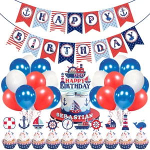 Nautical Party Supplies for Boys Nautical Happy Birthday Banner Cupcake Toppers Cake Toppers Balloons for Kids Pack of 37