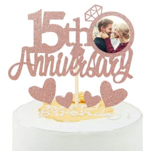 Rose Gold Glitter 15th Anniversary Cake Topper with Diamond Ring Heart Cake Decorations  Pack of 1