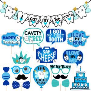 I Got My First Tooth Photo Booth Party Props 1 Set I Got My First Birthday Banner /Colour Stylish Font/First Tooth Decoration Pack of  17