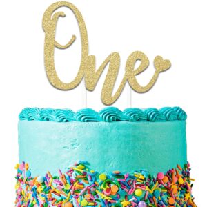 1st Birthday Cake Topper Decoration ONE – 6.25″ x 4.25″ First Bday Topper w/Premium One Sided Gold Glitter | Smash Cake Topper for Boys & Girls Pack of 1