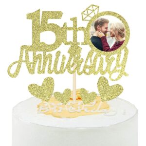 Gold Glitter 15th Anniversary Cake Topper with Diamond Ring Heart Cake Decoration