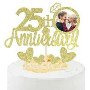 Gold Glitter 25th Anniversary Cake Topper with Diamond Ring Heart Cake Decorations Pack of 5