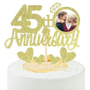 Gold Glitter 45th Anniversary Cake Topper with Diamond Ring Heart Cake Decorations