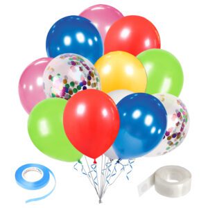 Assorted Color 10 Inches of Rainbow Metallic Balloons with Confetti and Glue Dot Ribbon (Pack of 27)