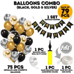 Black Gold and Silver Balloon Garland Arch Kit With Happy Birthday Letter Banner and Confetti Balloon 79 Pcs Combos