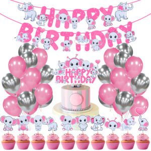 Elephant Birthday for Girls with Happy Birthday Banner Cake Topper Cupcake Toppers Balloons Birthday Decoration Kit (Pack of 37)