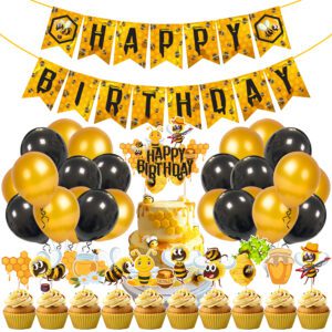 Honey Bee Party Decor with Happy Birthday Banner Bee Cupcake Toppers Honey Bee Cake Topper Bee Party Latex Balloons for Bee Birthday Pack of 37