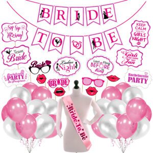 Bridal Shower Decor & Bachelorette Decoration Bride to Be Sash, Banner, Photo Booth and Balloon (Pack of 42) (Pink and White)