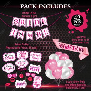 Bridal Shower Decor & Bachelorette Decoration Bride to Be Sash, Banner, Photo Booth and Balloon (Pack of 42) (Pink and White)