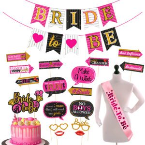 Bride to Be Decoration Banner,Cake Toopper, Sash and Photo Booth Props (Set of 19)