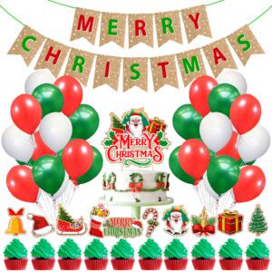 Xmas Decorations Set – Including Cup Cake Topper, Cake Topper, Balloons, and Banner (Set of 37)
