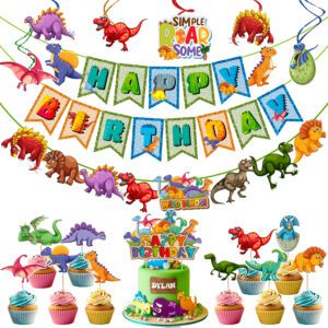 Dinosaur Party Supplies Set for Boys and Girls, Include Balloons, Banner,Character banner, Hanging Swirls, Cake Topper and Cupcake Toppers  19 Pcs