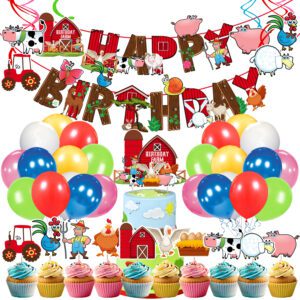 Farm Birthday Party Supplies for Kids Farm House Animal Banner ,Hanging Swirls ,Cupcake Toppers, Cake Topper and Balloon